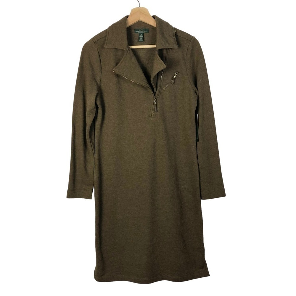 Lauren Ralph Lauren Warm Brown Long Sleeve Moto Zip Neck Sweater Dress S